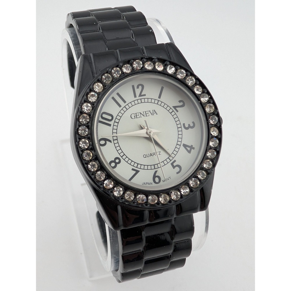 Geneva Watch Women 31mm Case Rhinestone Bezel Black Bangle Band- New Battery